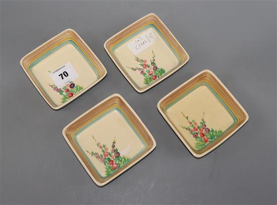 Four Clarice Cliff Hollyhock dishes length 11cm approx.